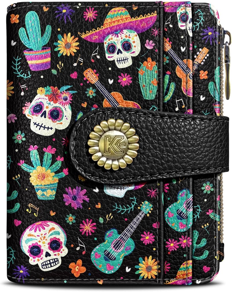 Kelvoris Skull Small Rfid Women Wallet Bifold Zipper Coin Pocket PU Leather Compact Cash Credit Card Holder Travel Wallet for Female Ladies Teen Girls 1 ID Window 10 Card Slots Day of The Dead - Image 1
